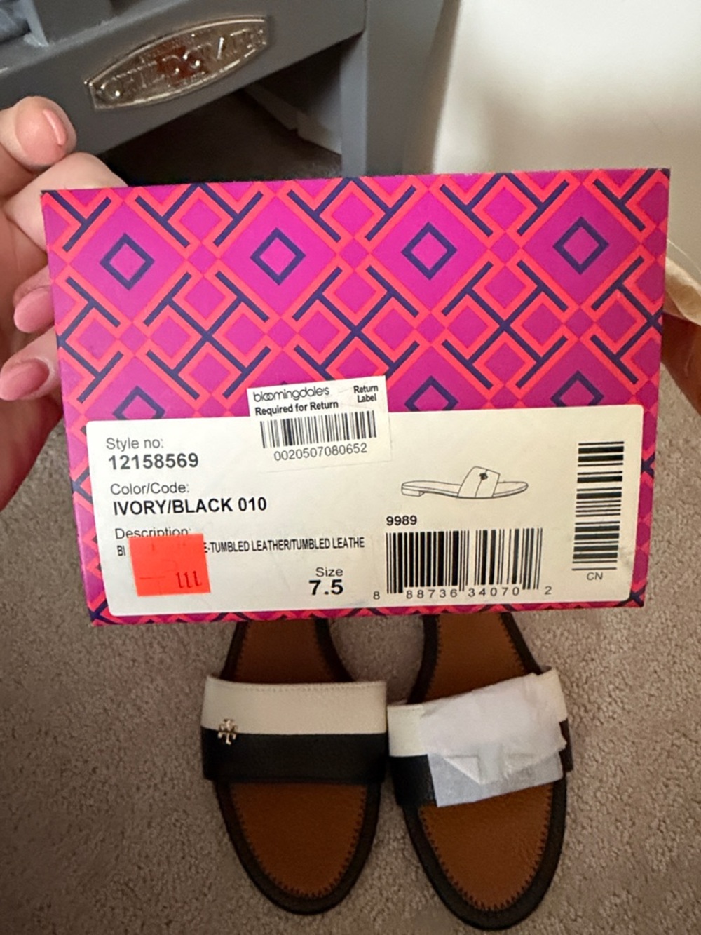 Tory Burch Black and White Leather Slide Sandals - Picture 2 of 3
